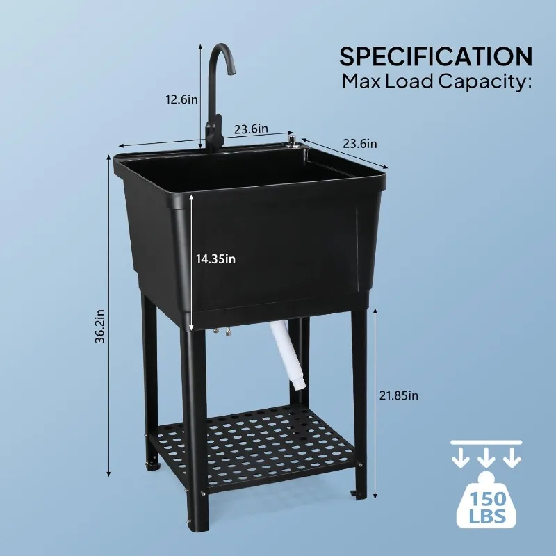 Utility Sink Laundry Tub for Washing Room, 23.6"×23.6"×36.2" Freestanding Utility Sink with Stainless Steel Faucet, Black 2
