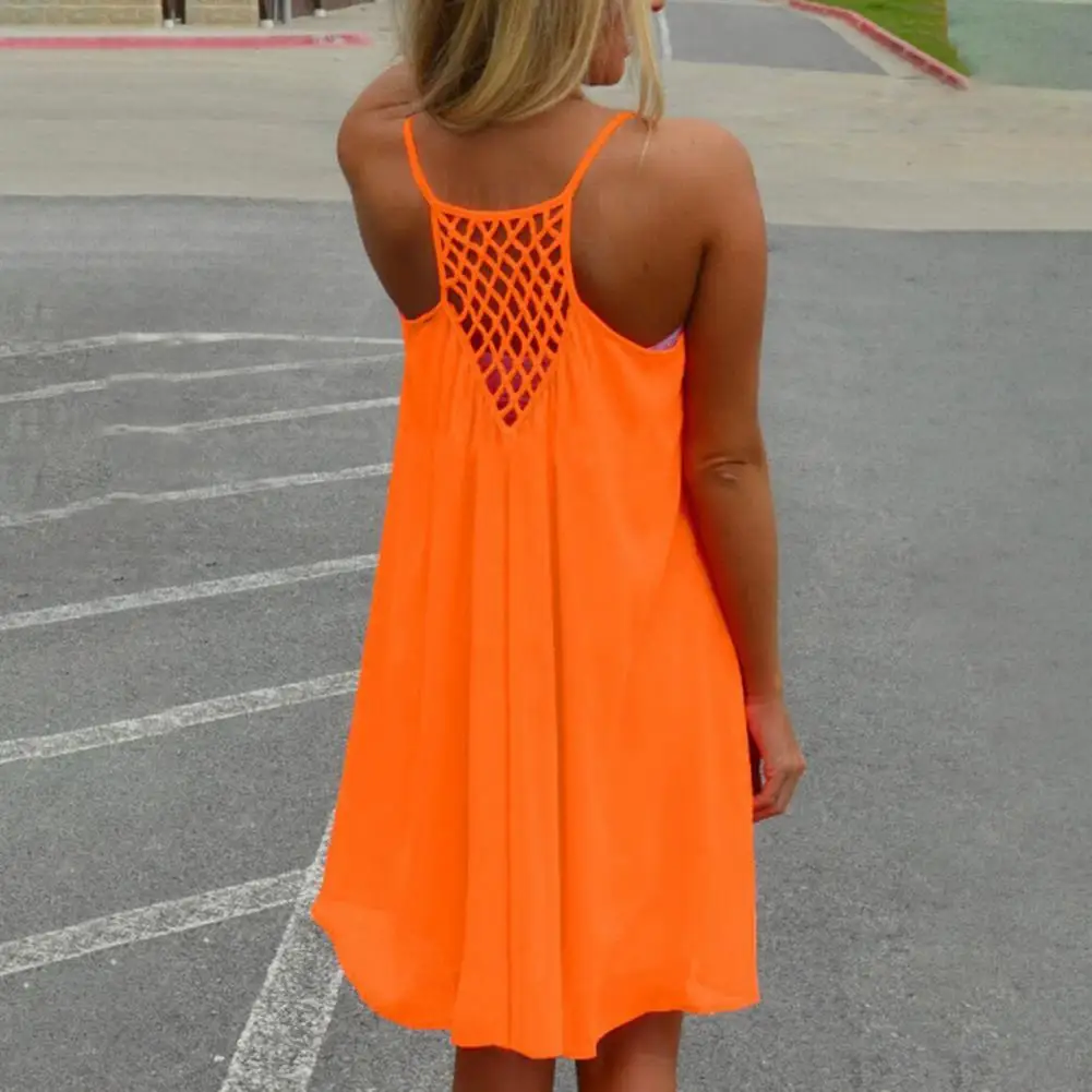 

Women Beach Dress Hollow Out Fishnet Sleeveless Loose Solid Color Dress-up Off Shoulder Spaghetti Strap Vacation Mini Dress Fema