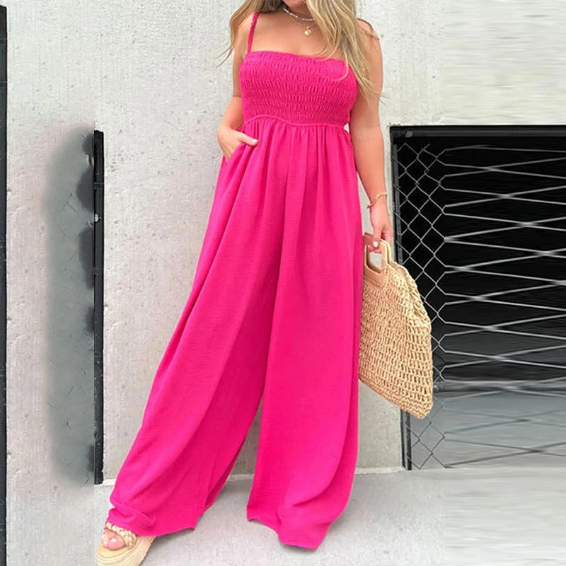 

Women's Summer New Solid Color Sexy Sleeveless Square Neck Pleated Waist Loose Wide Leg Fashion Sling Jumpsuit