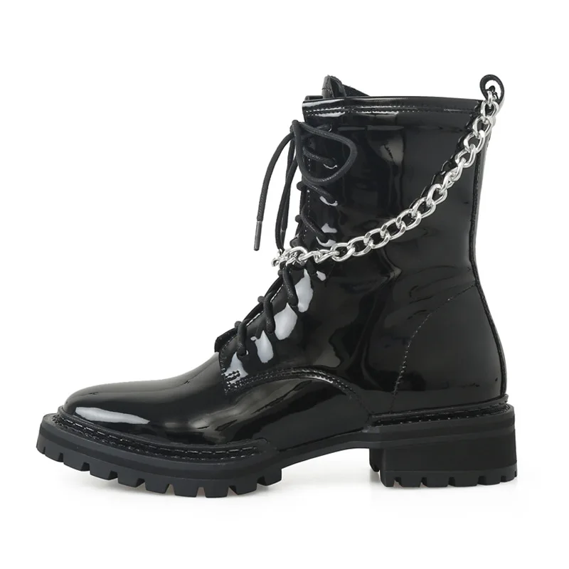 

Metal Chain Botines Chelsea Black Leather Short Ankle Boots Botas Femininas Square Toe Patent Leather Botines Women Shoes Zapato