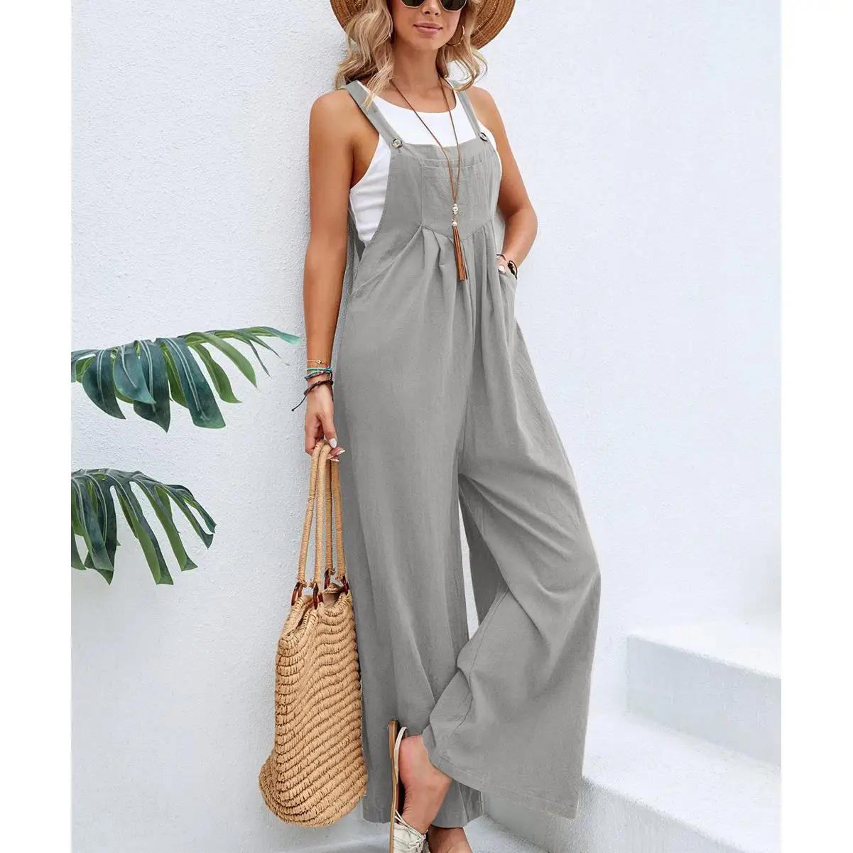 Summer 2023 Faion Wide Leg Casual Overalls High Waist Cotton Linen Blend Lightweight Folded Hemline Women's Pants