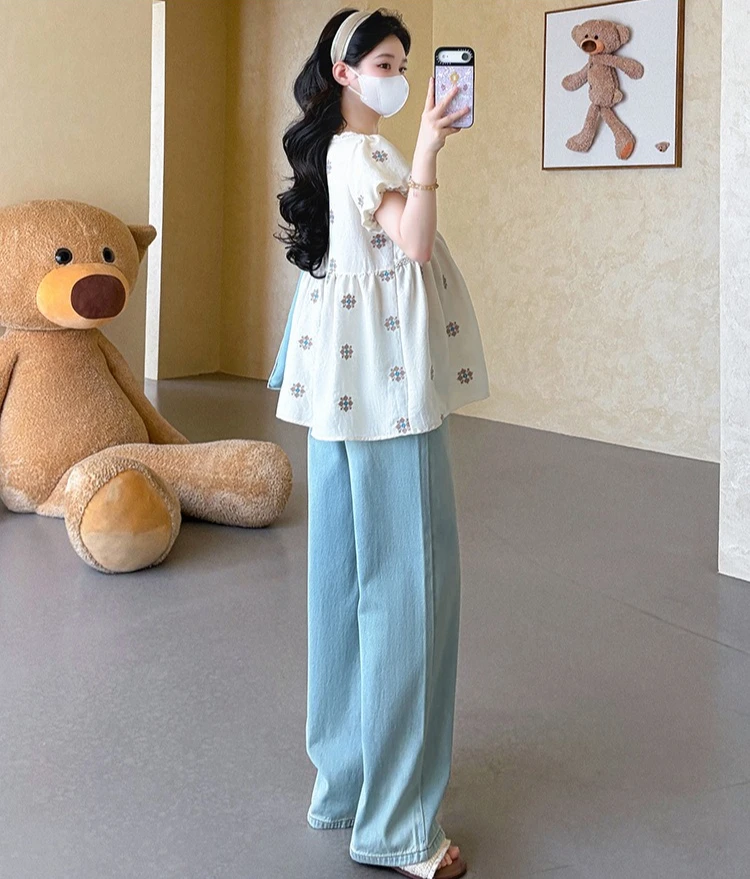 임산부 셔츠 여름 루즈핏 편안한 V넥 퍼프 소매 귀엽고 부드러운 임산부용 상의 2026