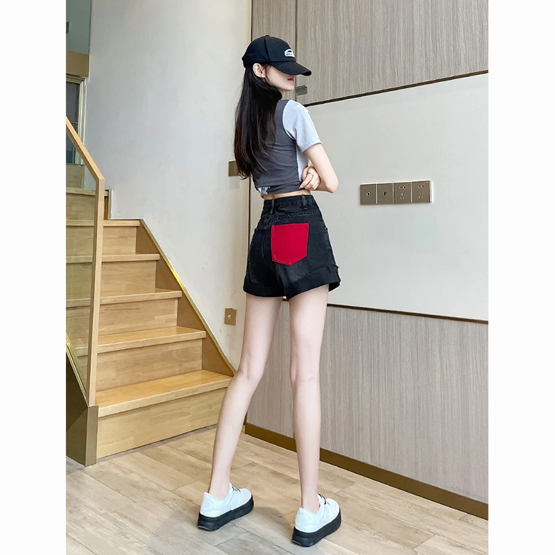 Korean Style Denim Shorts For Women Summer Elastic High Waisted Blue Patchwork Raw Edge Y2k Street Fashion Hot Pants Jean Shorts