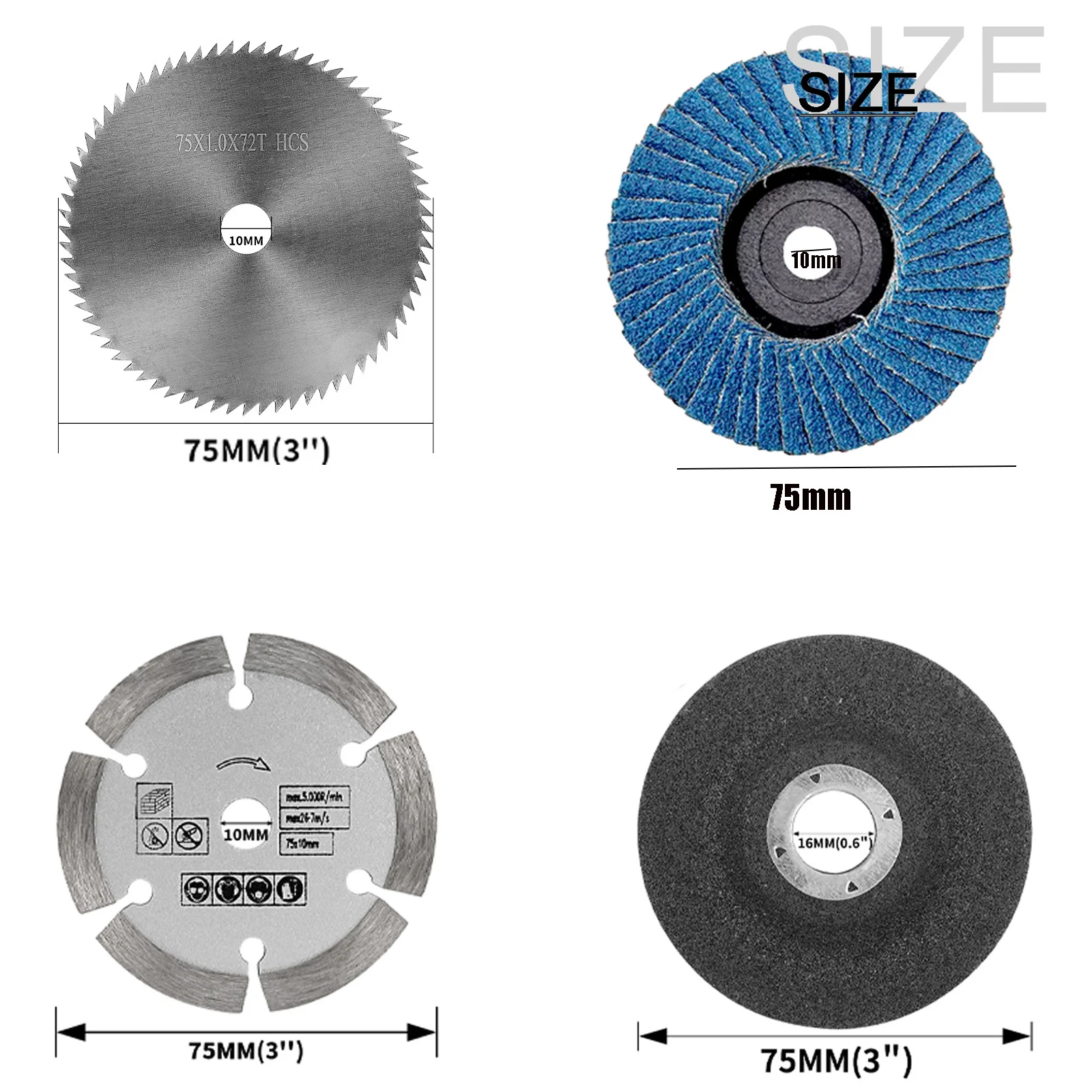 Cutting Blade 6pcs/Set 75mm Metal Cutting Disc Mini Circular Saw Blade Wool Grinding Wheel for Metal Woodworking Stone Polishing Cutting