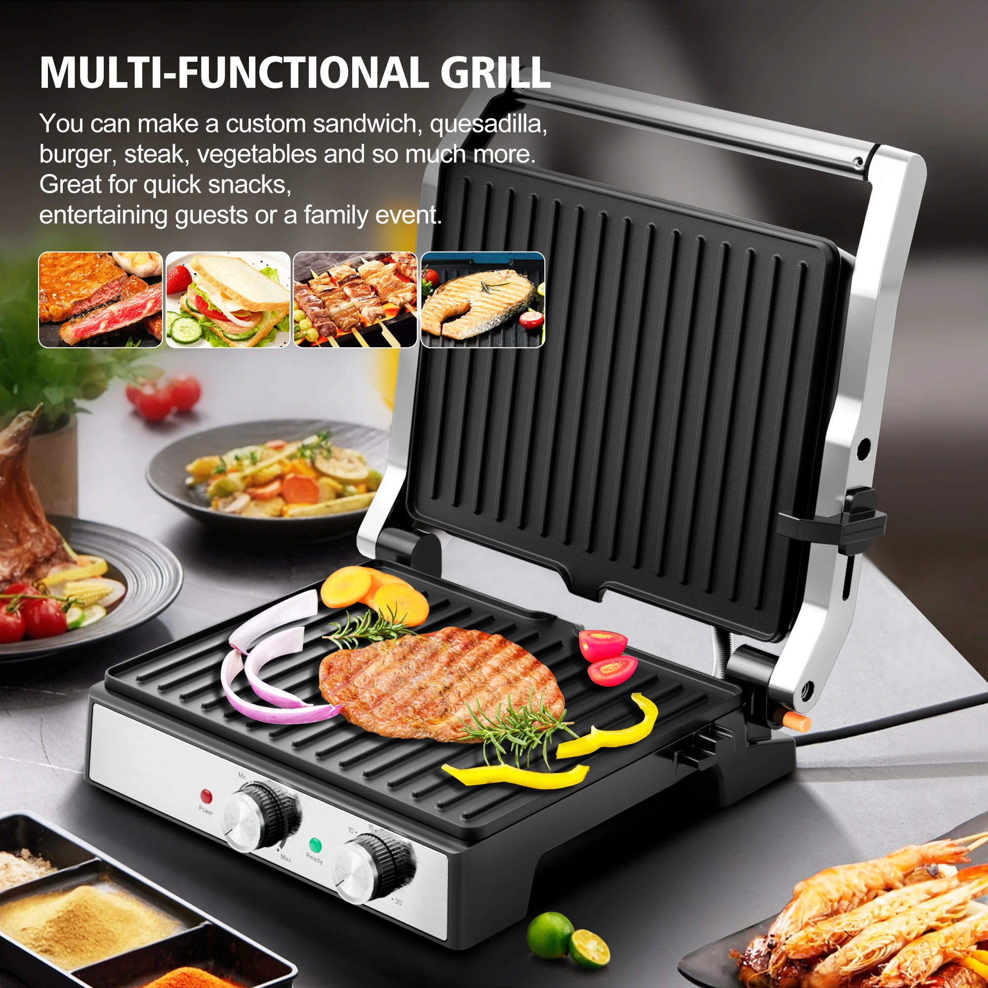 1500W 4-Slice Panini Press With Timer, Adjustable Temp & 180° Opening - Electric Grill, Stainless Steel Sandwich Maker 6