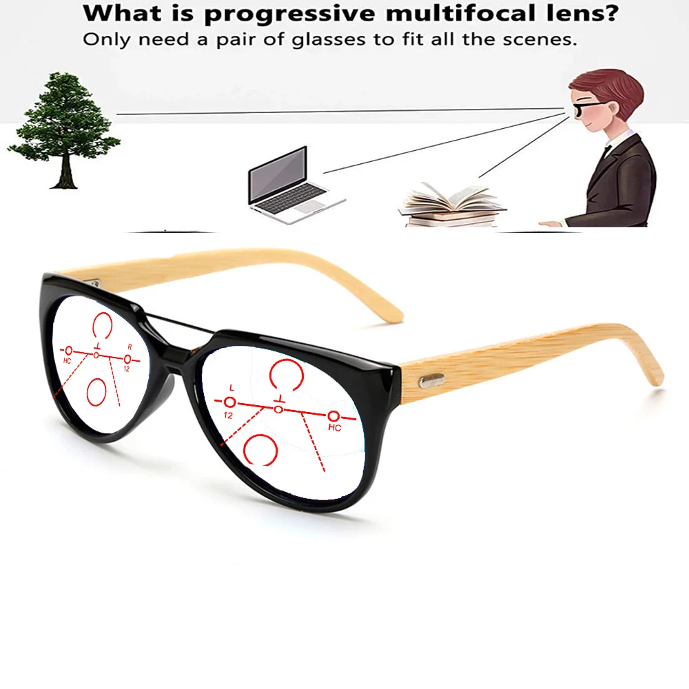 

Double Bridge Handcrafted Frame Bamboo Temples Fashion Round Progressive Multi-focal Reading Glasses +0.75 To +4