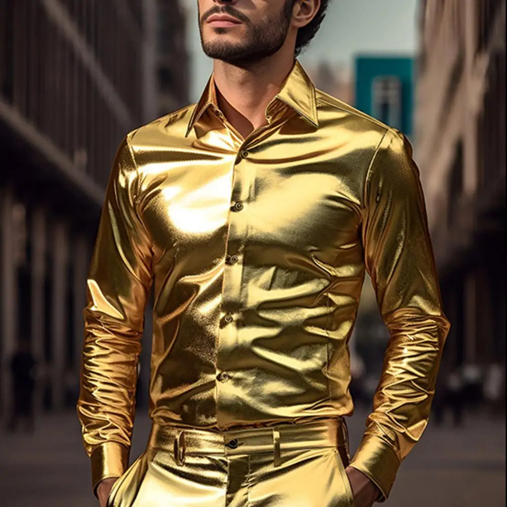 

Lightweight Men Shirt Satin Men's Performance Shirt with Glossy Surface Turn-down Collar for Club Party Stage Show Long Sleeves