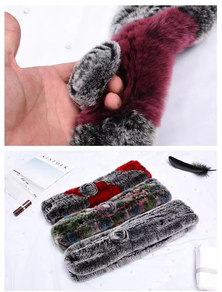 Damen verdickter echter Rex-Kaninchenfell-Halswärmer-Schal mit Blumenmuster, warme und stilvolle koreanische Version, Herbst-Winter-Modeaccessoire – Detail 6
