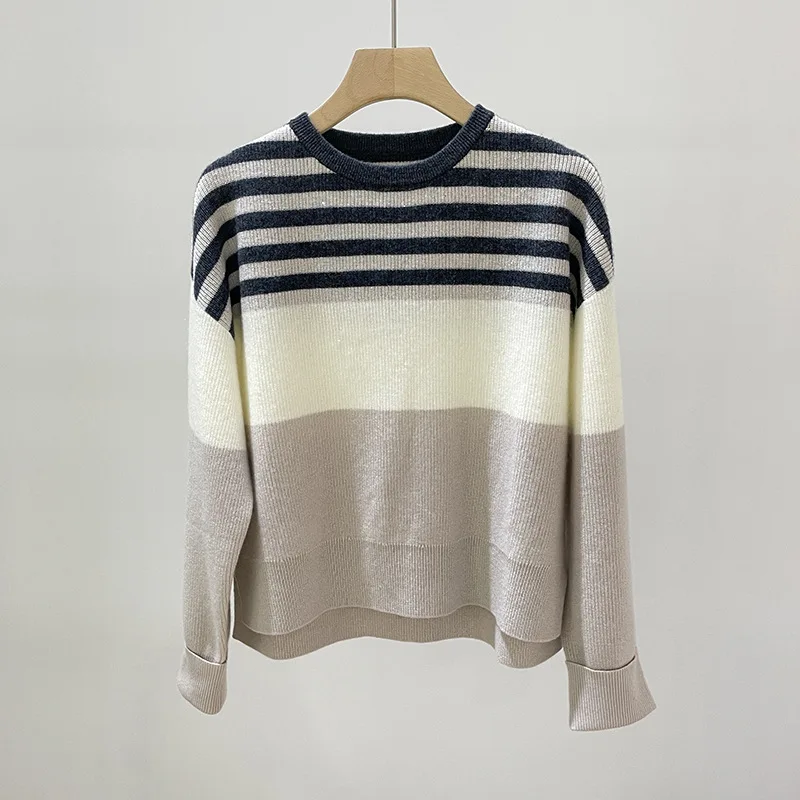 

Women Contrast Color Striped Sequin Sweater Front Short Back Long Round Neck Split Pullover Loose Jumper for Female 2023 Autumn