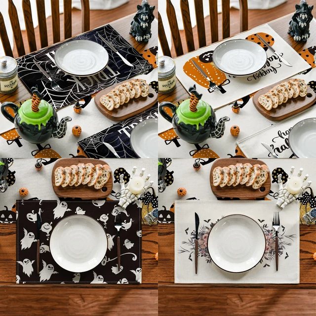 2023 Halloween Fiberflax Table Runner and Placemat Set - Washable Tablecloth with Pumpkin and Ghost Design for Dining Table Decoration - Image 5