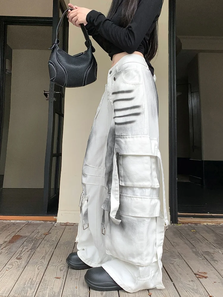 2024 Ropa Grunge Y2K Streetwear Schmutzige weiße Baggy-Jeans Cargohose für Damen Kleidung Breites Bein New Rock Old Loose Lady Hose – Detail 6