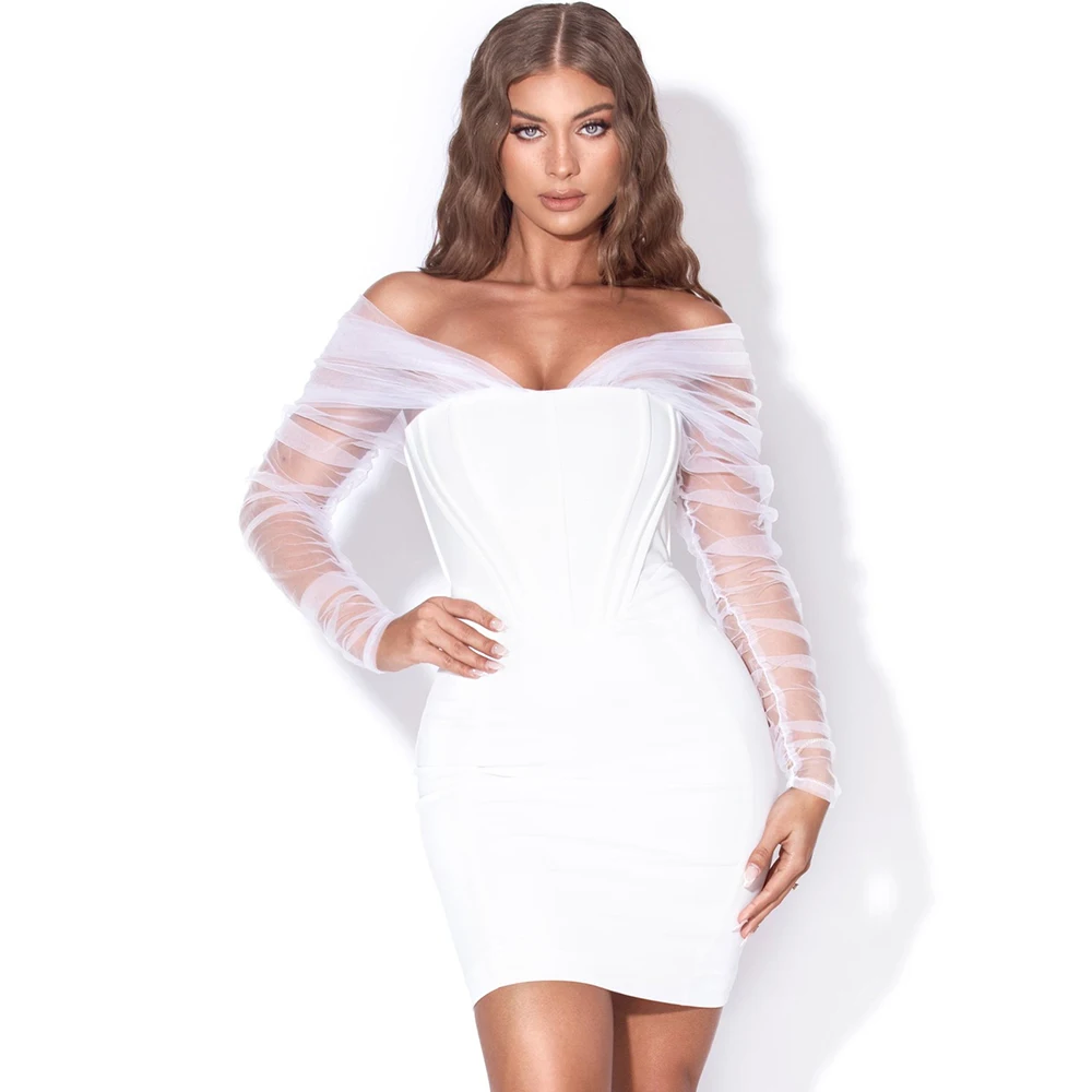 

White Off Shoulder Backless Corset Dress Elegant Sexy Mesh Bandage Bridal Shower Summer Wedding Cocktail Party Evening Dress