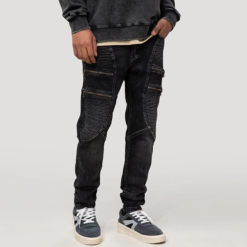 Street Fashion Men Jeans Retro Black Gray Elastic Slim Fit Spliced Designer Biker Jeans Men Stretch Patched Hip Hop Pants Hombre