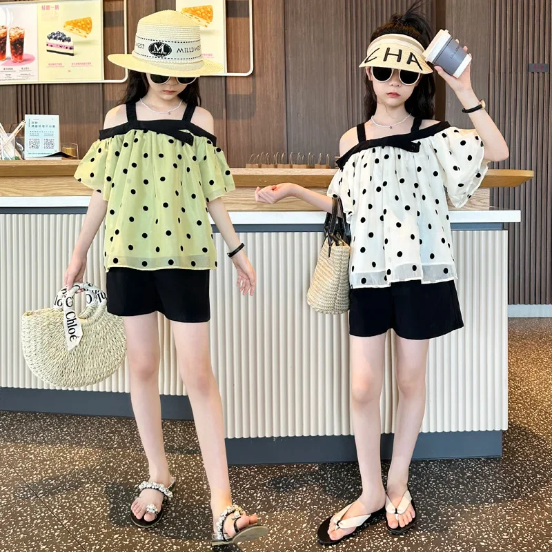Girls Clothing Sets Summer Fashion Polka Dot Chiffon Tops and Shorts Suit Kids Clothes Set Children Off shoulder Girls Outfits