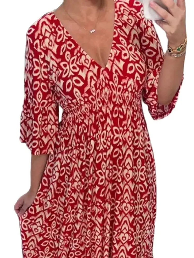 

Women's Dress 2024 Spring/Summer New Print V-neck Dress Beach Vacation Beach Dress Loose Fragmented Flower Dress Women