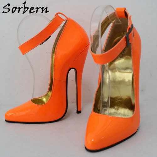 Sorbern 네온 오렌지 하이힐, 여성용 펌프 슈즈, 넓은 발목 스트랩, 뾰족한 발가락, 시시 보이 페티쉬 아치 힐 신발, 16cm 3