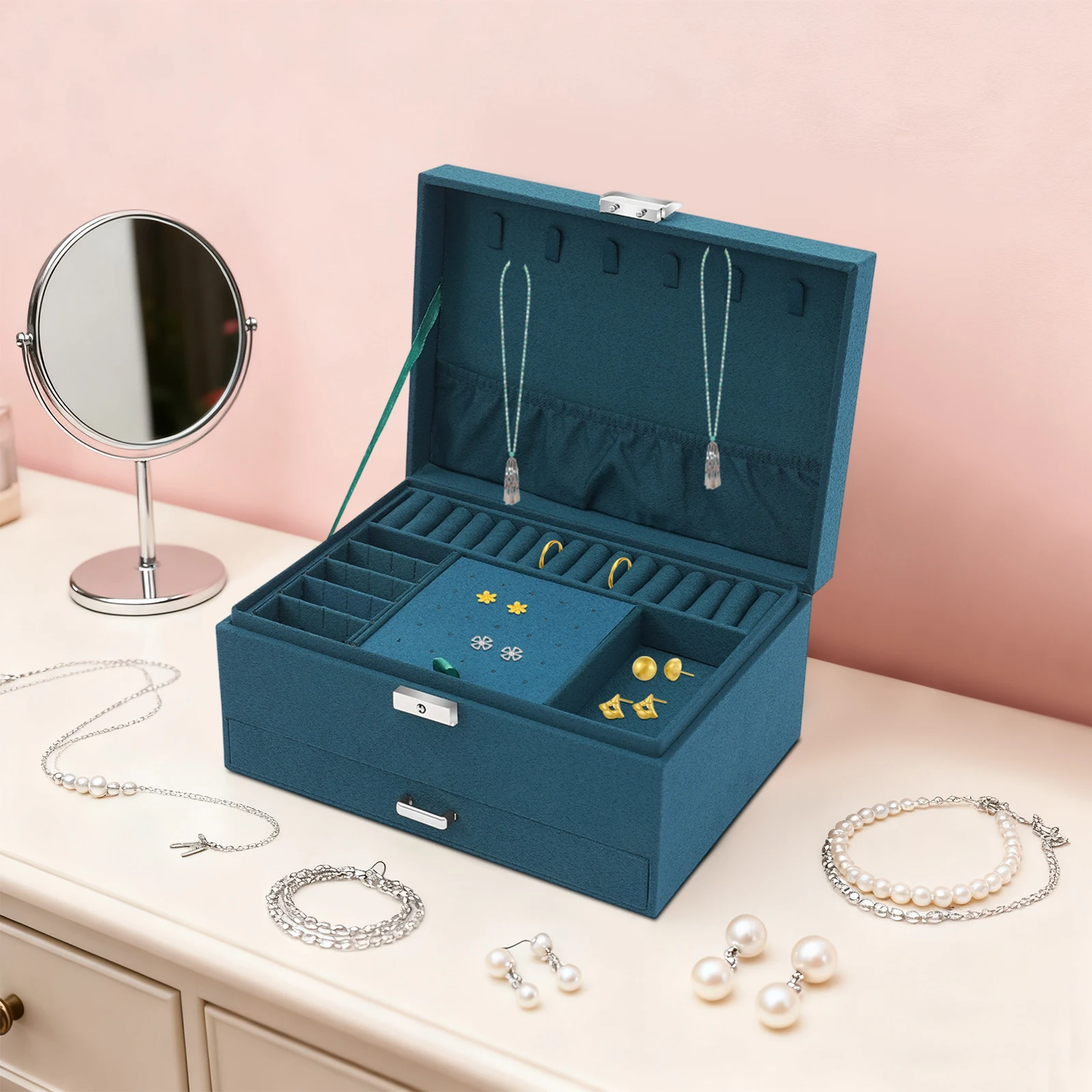 3-tier Jewelry Box Exquisite Storage Box, Flannel Jewelry Watches Display Case for Earrings, Necklaces, Bracelets 24x17x11c