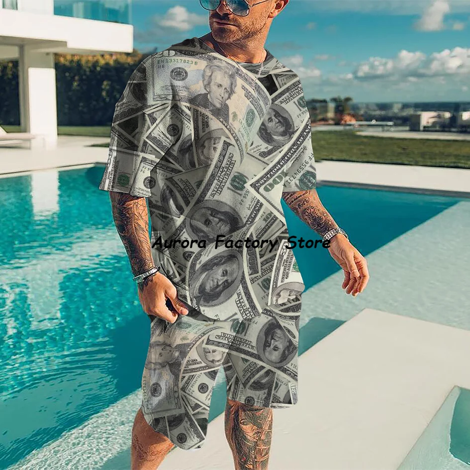 Summer Men's Tracksuit Poker&Dollars T-Shirt Shorts Set Casual Outfit Fashion Jogging Suits Outdoor Clothing Male Streetwear