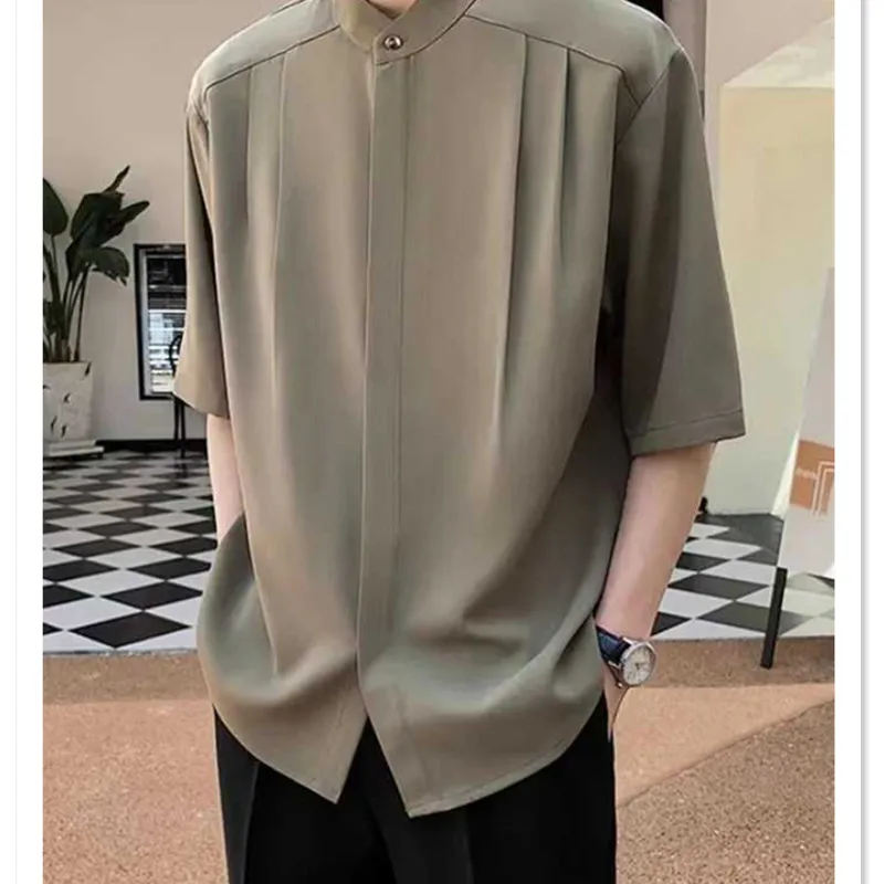 High-Quality-Stand-Collar-Shirt-for-Men-Summer-Ice-Silk-Draping-Half ...