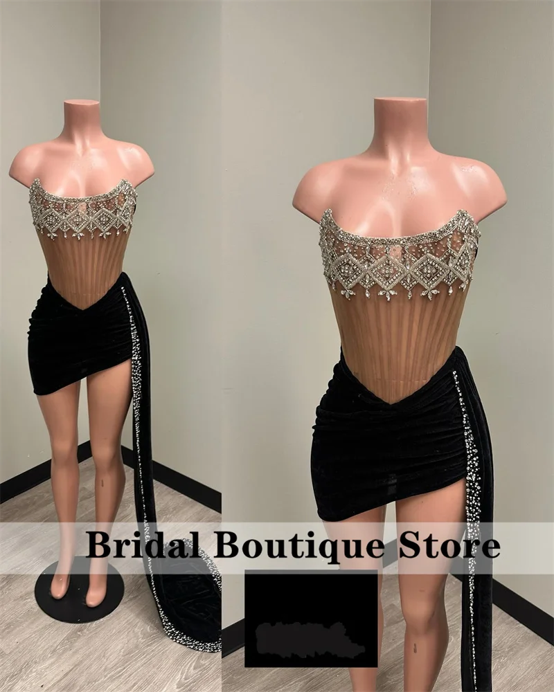 

Блестящие черные платья для выпускного вечера, 2024 бархатные блестящие платья с бусинами и кристаллами для дня рождения, женская одежда на шнуровке