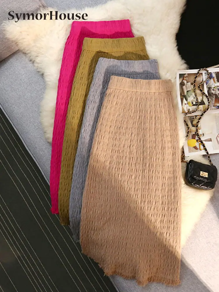 

2023 Autumn Winter Korean Fashion White Knitted Women Skirts Elastic High Waist Tassel Straight Wrap -Hips Skirts Female