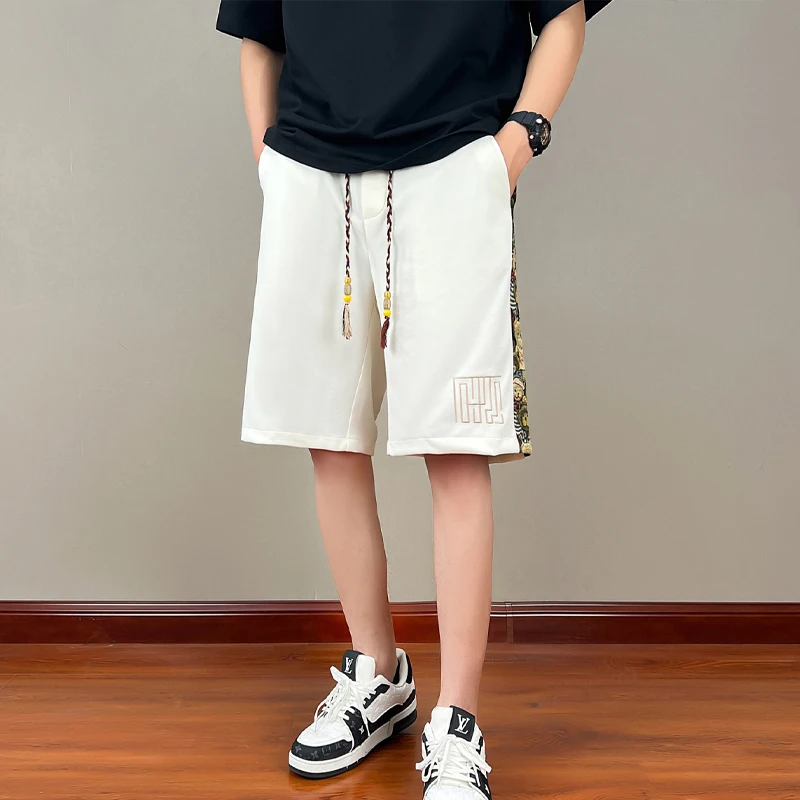 Streetwear Elastic Waist Loose Cargo Shorts Straight Lacing Temperament Simplicity Handsome Patchwork Printing Men's Clothing