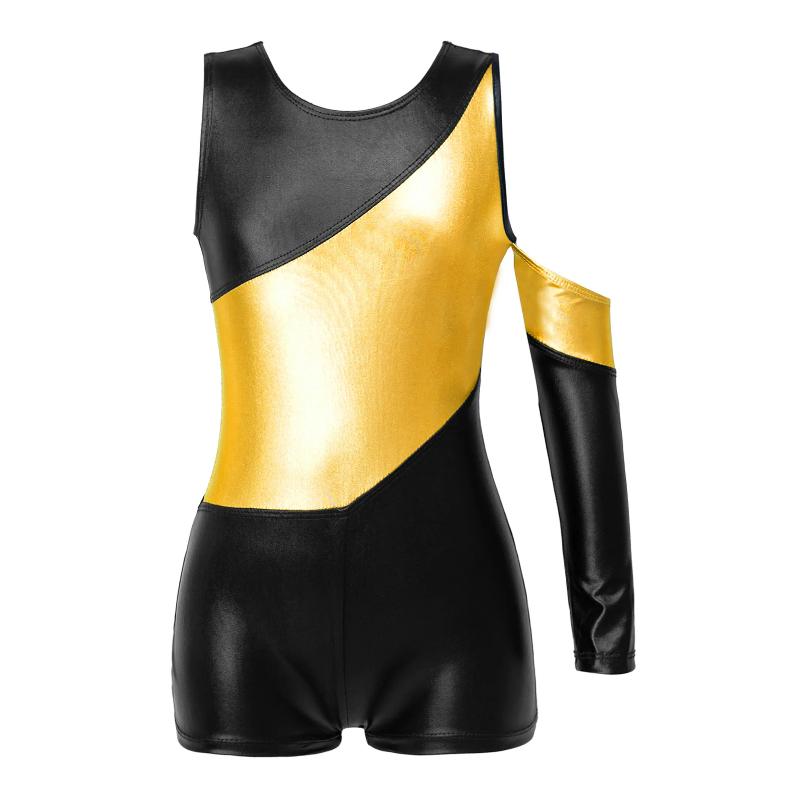 Kids Girls Shiny Metallic Modern Dance Bodysuits Jazz Dance Costumes Colorblock Shorts Jumpsuit Gymnastics Yoga Skating Bodysuit