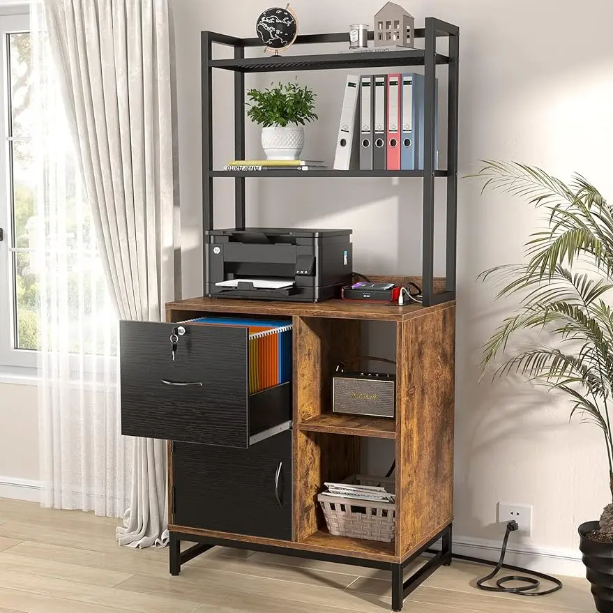 

Homieasy Vertical Filing Cabinet with Lock & Charging Station Large Drawer Wood File Cabinet with Bookshelf Printer Stand