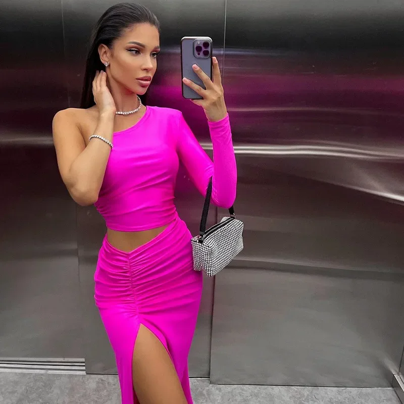 

Bra top, one shoulder, long sleeved, hollowed out, high waist, slit, solid color, sexy buttocks wrapped dress, formal dress