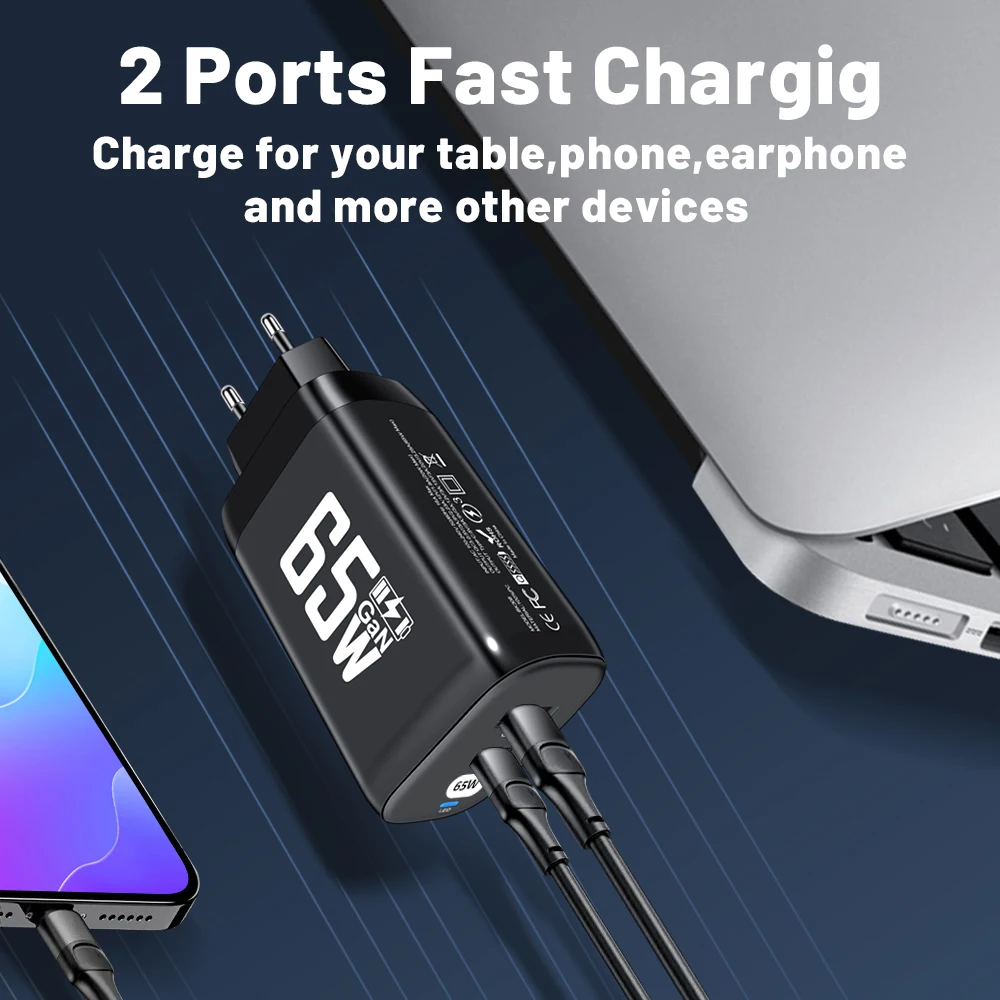 GaN Fast Charging 65W USB Type C Charger Quick Charge 3.0 Wall Adapter For iPhone 15 Xiaomi Huawei Samsung Mobile Phone Charger