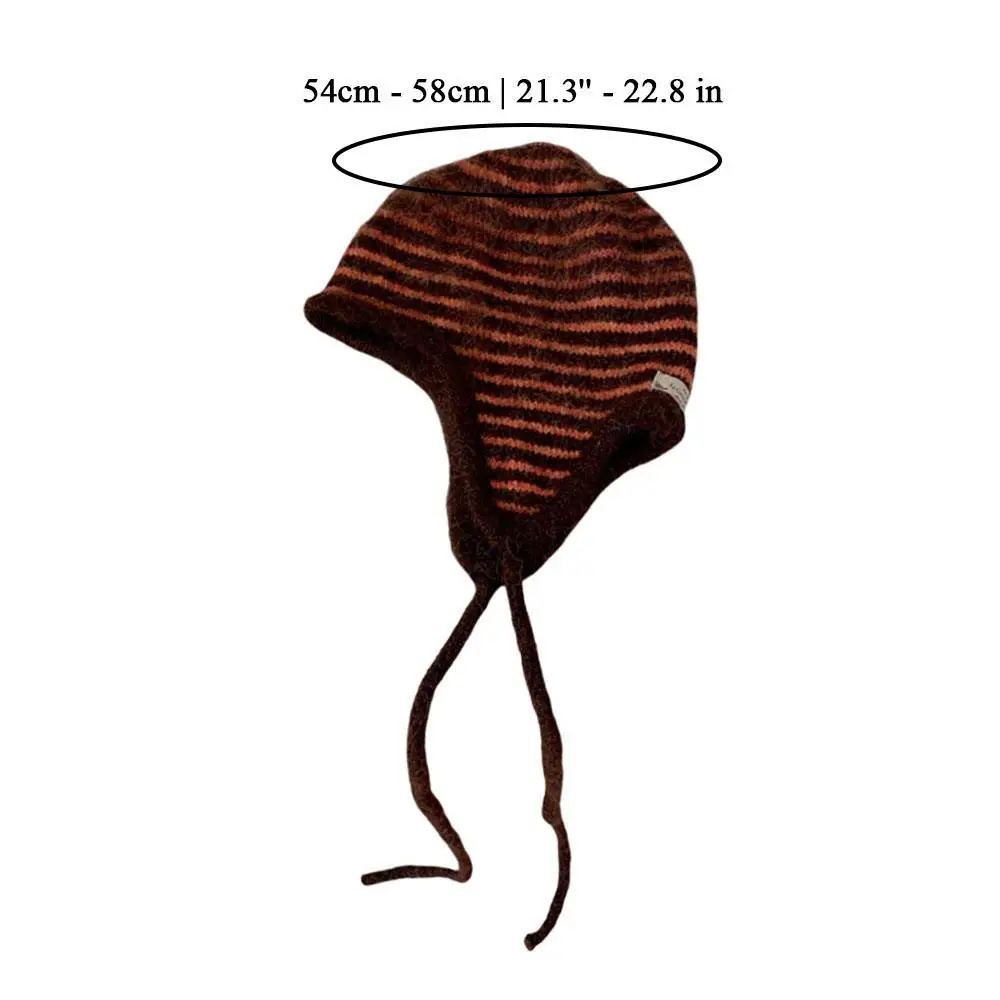 1PC Furry Knitted Beanie Hat Warm Striped Winter Cap Y2k Trendy Retro Headwear For Women Cold Ear Protection Caps Bomber Hats