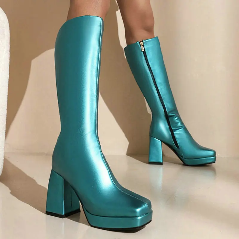 2022WinterWomenKneeHighBootsPlatformSquareHighHeelLadiesCalf