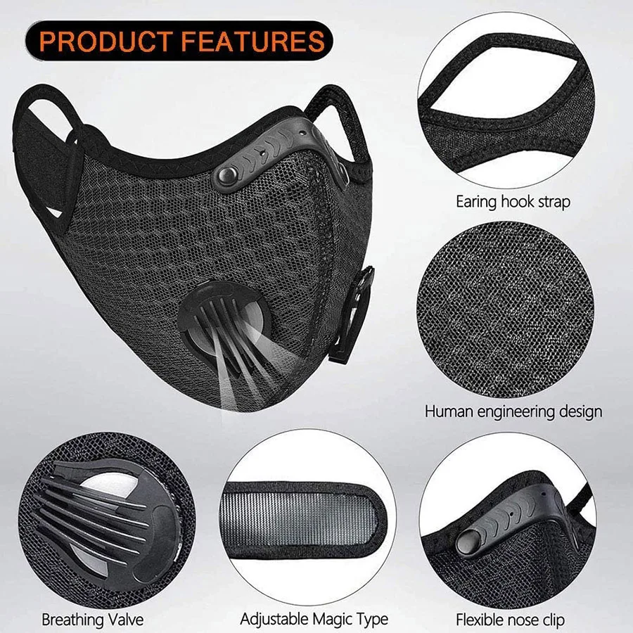 

PM 2.5 Activated Carbon Face Mask Cotton Washable Reusable Dustproof Respirator Bicycle Mask Cycling Sport Training Black Filter