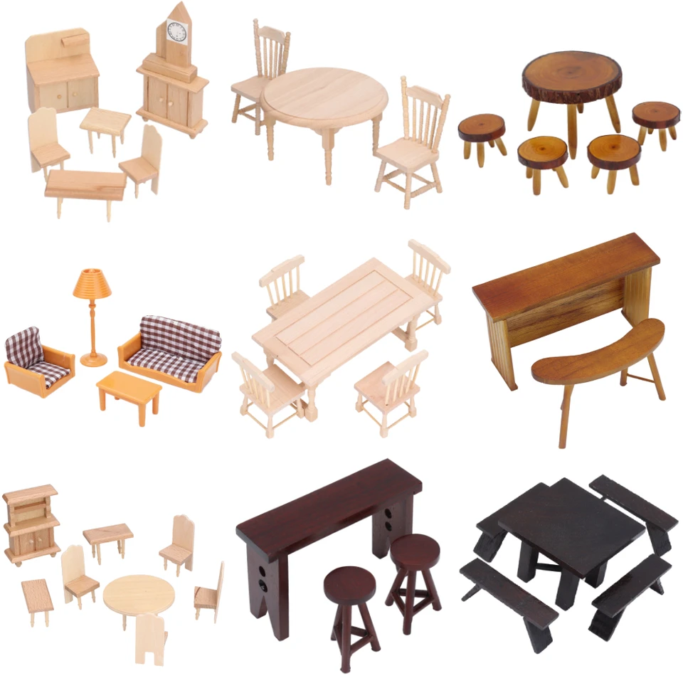1:12 Poppenhuis Miniatuur 5-delige Eetkamer Vierkante Tafel Stoel Set Natuur Hout Kleur Meubels - België