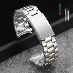 Elegant Two - Tone Stainless Steel Watch Band with Curved End and Adjustment Tools - 22mm (Silver Gold)