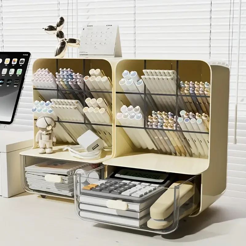 large capacity desk organizer with drawer multi layer pen holder slanted insert storage box for office dorm room supplies portable mold resistant pp material details 3