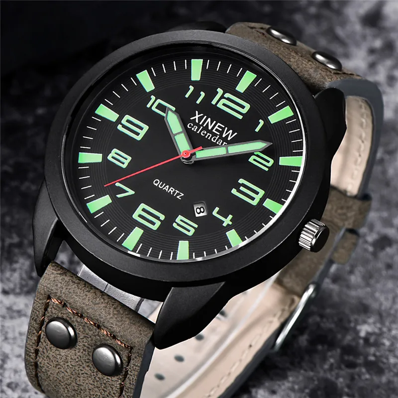 Original XINEW Brand Students Watches Men Fashion Simple Leather Band Date Quartz Wrist Watch Black Montre Homme Reloj Hombre