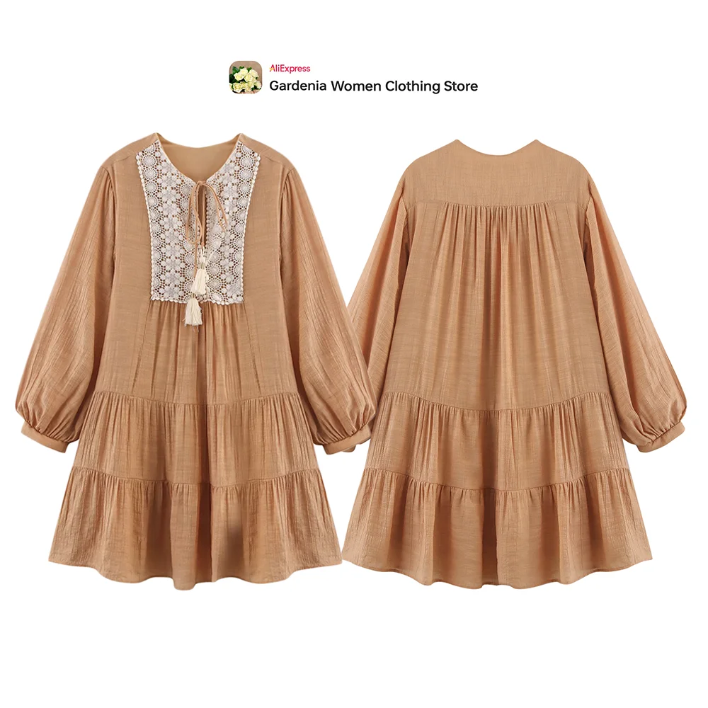 Aesthetic Mini Bib Embroidered Dress for Women Gorgeous Relaxtion Long  Sleeves Dress with Ruffle Hem and Drawstring with Tassels - AliExpress  200000345