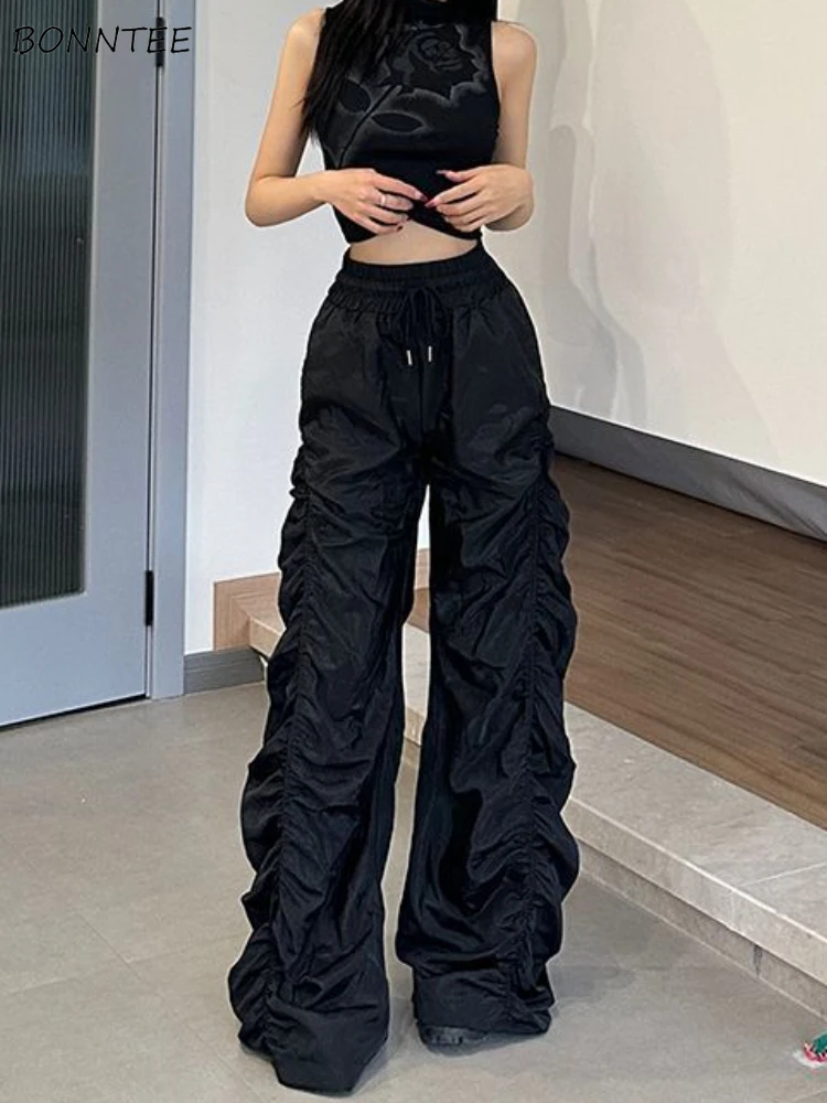 

Pants Women Baggy Solid Design Unique Casual Shirring High Waist Personalized Street Style Floor-length All-match Ulzzang Spring