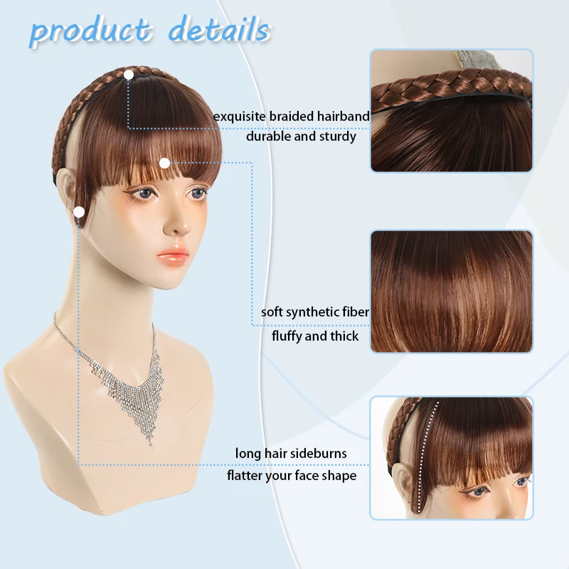 LUPU Fringe Fake Bangs Wig Synthetic Fake Hair with Braided Headband Natural Black Brown Bangs Hairpieces for Women Daily Wear