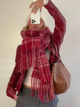 2025 Fashion Red Winter Women Warm Scarf Cashmere Thicken Stripe Plaid Pattern Shawl Outdoor Travel Pashmina Neckerchief Foulard