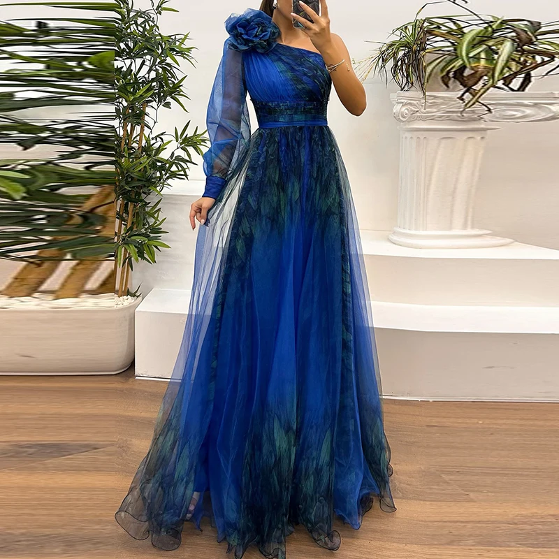 Vintage Pattern Printed High Waist Long Dress Sexy Asymmetric Mesh Evening Dress One Shoulder Sleeve Pleats Bridesmaid