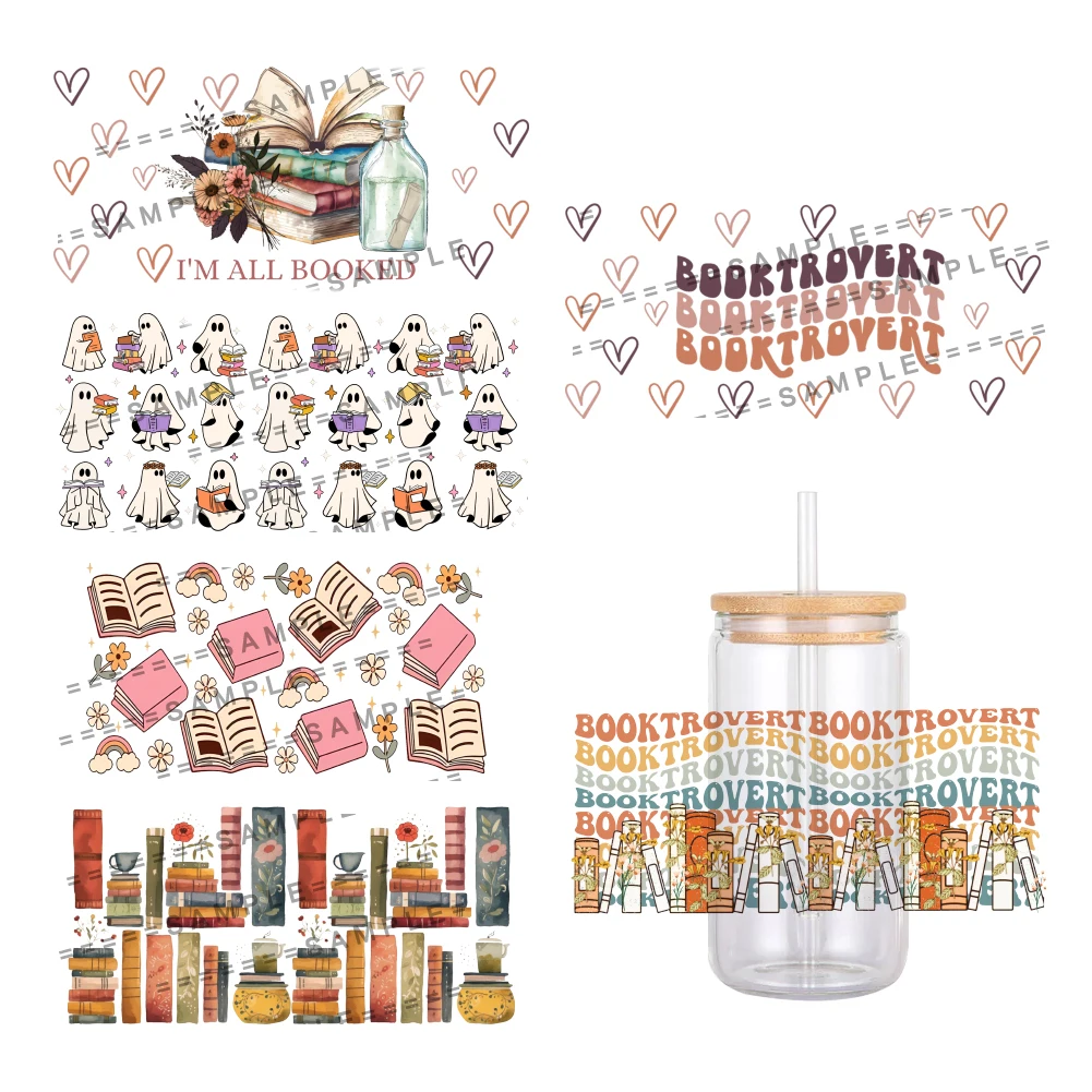 Lovely Coffee Books Pattern UV DTF Transfer Sticker Waterproof Transfers Decals For 16oz Glass Cup Wrap Stickers