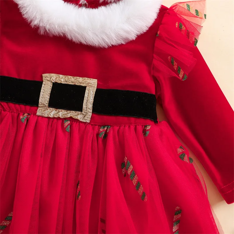 3M-3Y Baby Girls 2Piece Christmas Outfits Ruffled Long Sleeve Plush Round Neckline Tulle Dress + Bow Headband Set Infant Clothes girls dress baby girl dress