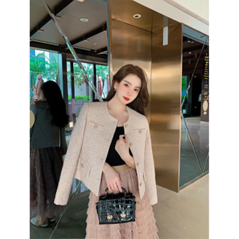 

DALMAZZO Runway High Quality Vintage Tweed Woolen Cardigan Slim Short Jacket Tops Women Single-Breasted Weaving Outerwear Coat
