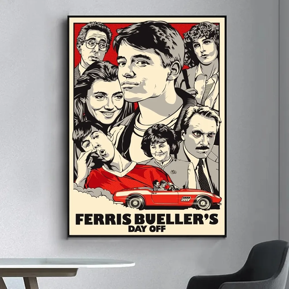 Ferris Buellers Day Off 클래식 영화 포스터, 멋진 포스터 벽 스티커, 거실 바 빈티지 장식 페인팅, 중간