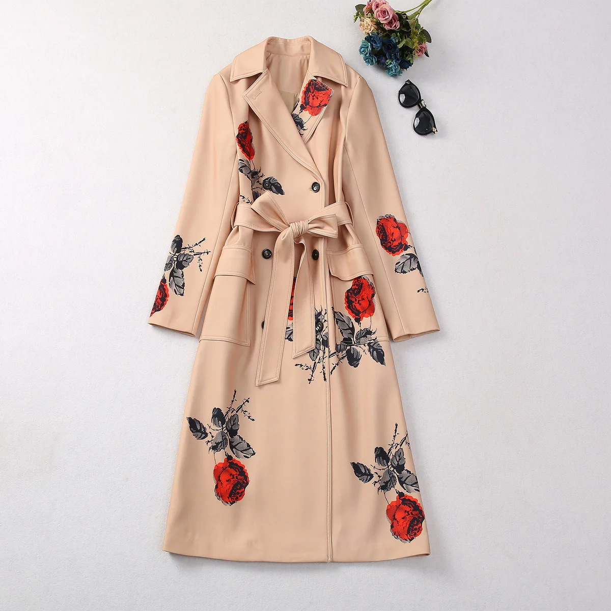 

Europe and the United States women's 2024 winter new Long sleeve suit collar floral print fashion Khaki trench coat XXL