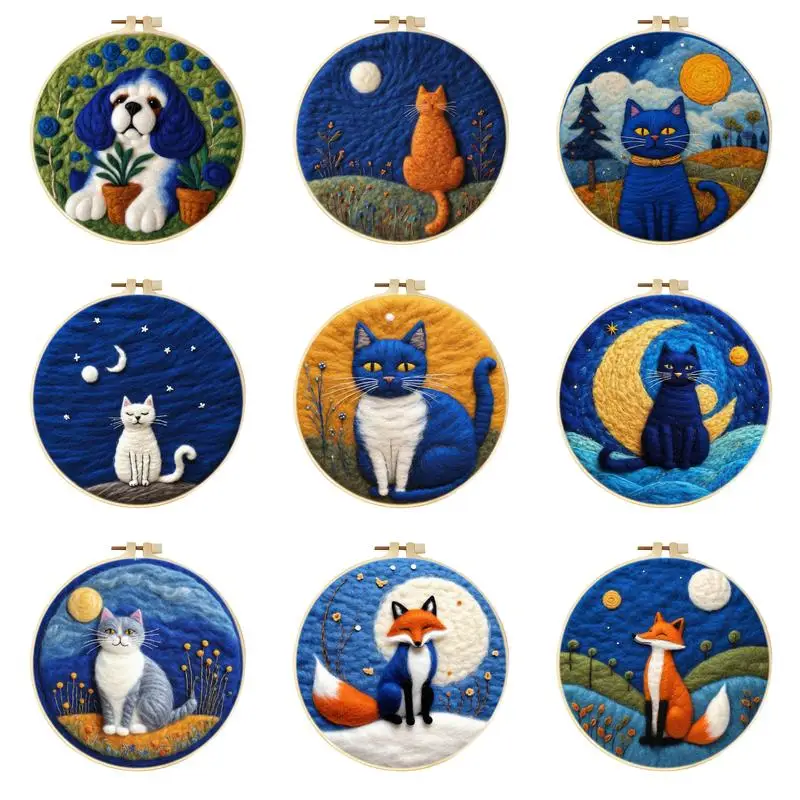 CHENISTORY Wool Felt Kit With Frame Felting Needles Cat And Fox Wool Craft Set Beginners DIY Handwork Felting Painting