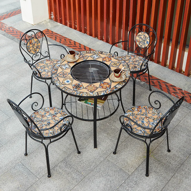 Outdoor Patio Barbecue Table and Chairs Combination European Style Iron Garden Sets Home Outdoor Garden Leisure Grilling Table