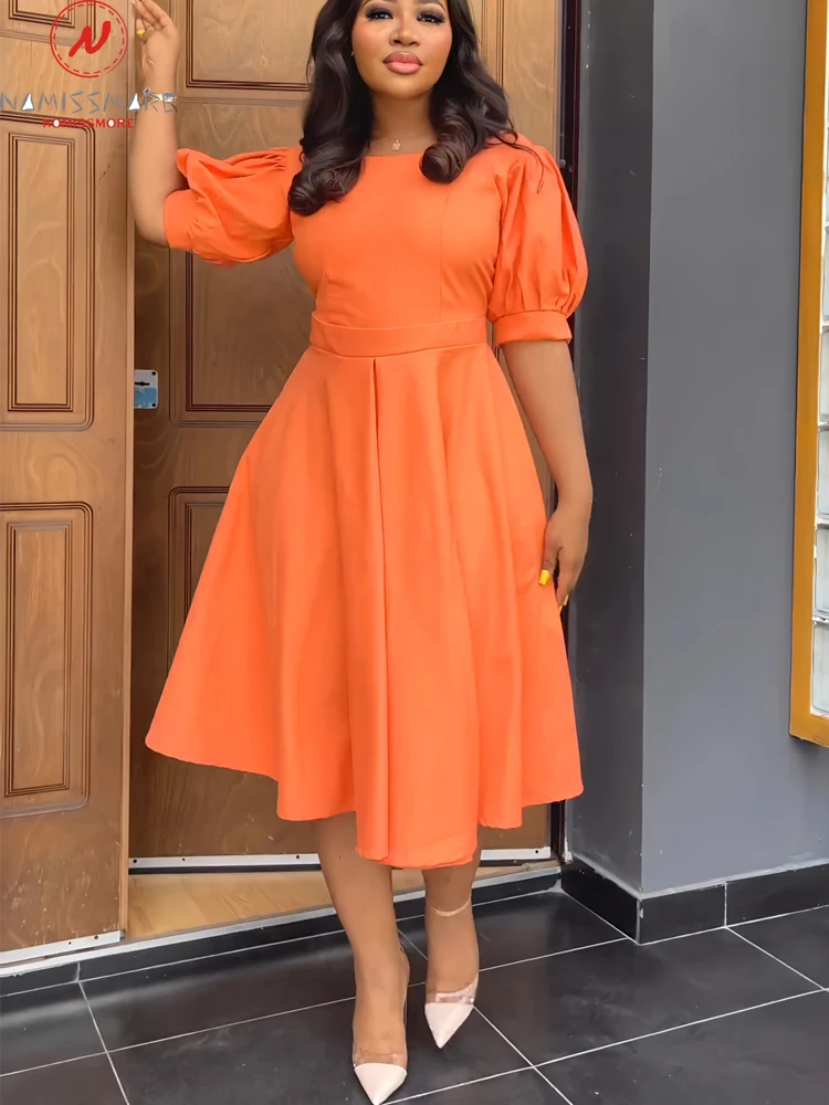 

Sexy Women Solid Color A-Line Dress Hollow Out Design Button Zipper Decor O-Neck High Waist Backless Puff Sleeve Slim Long Dress